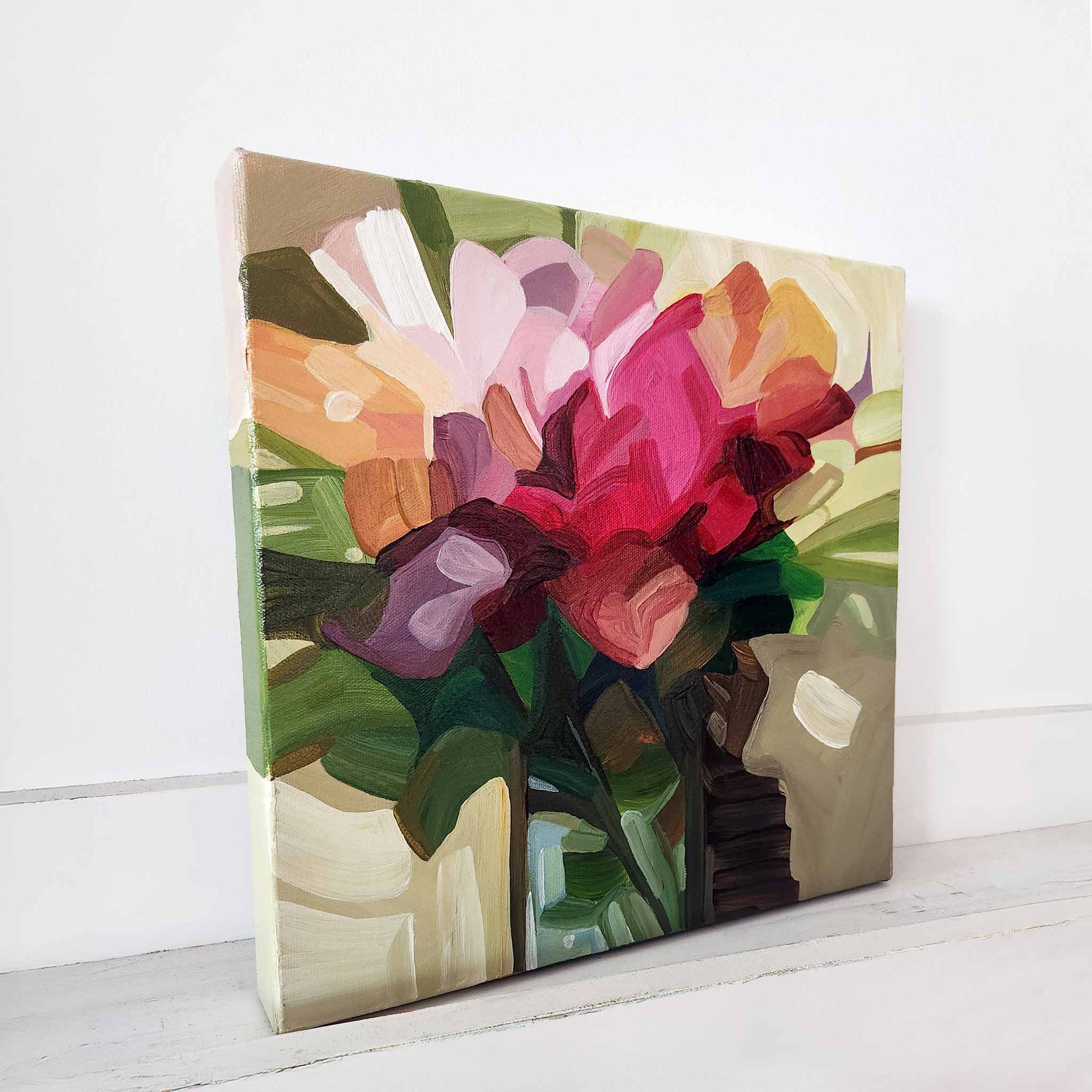 contemporary pink abstract flowers on sage green canvas