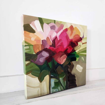contemporary pink abstract flowers on sage green canvas
