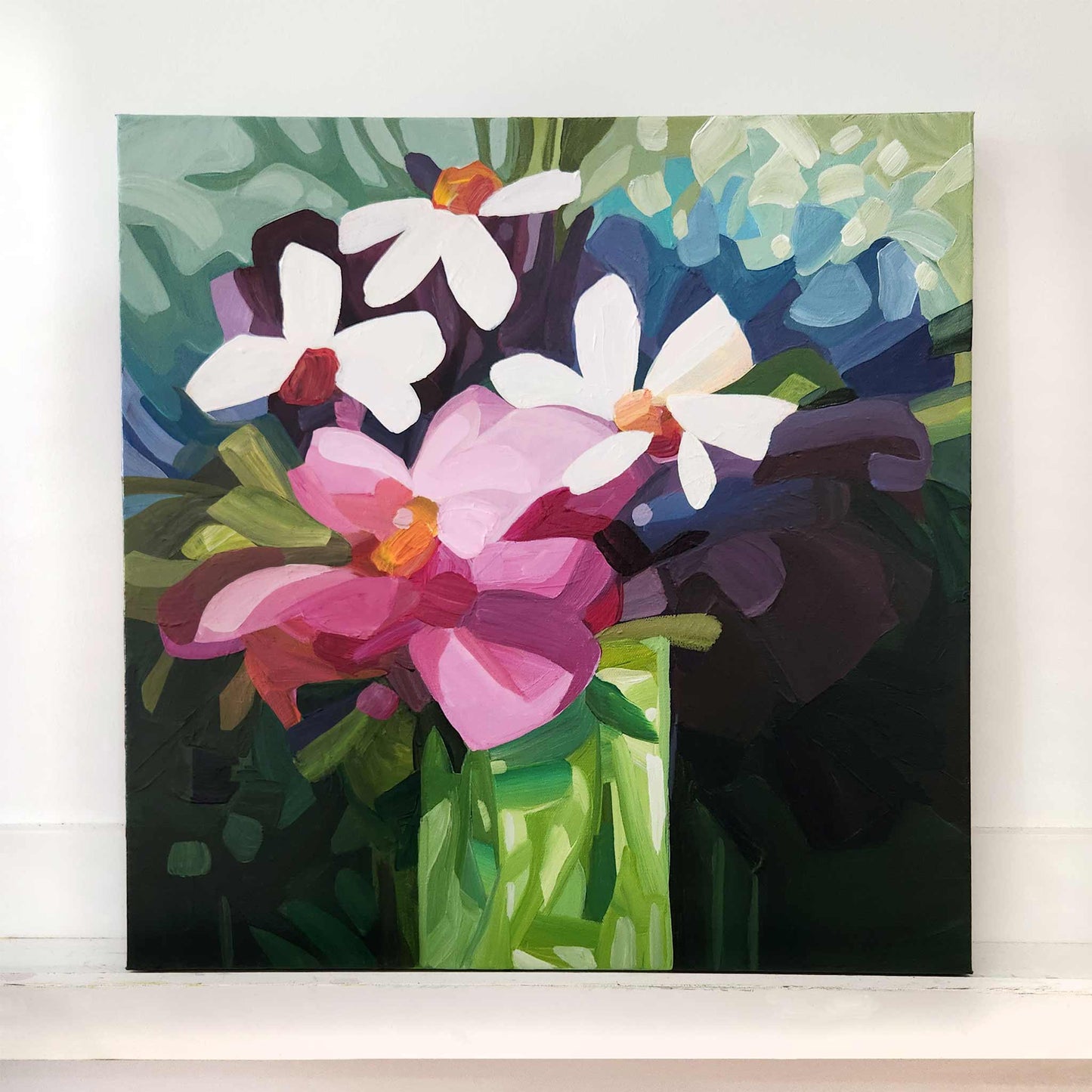 painting of bright abstract flowers in a vas
