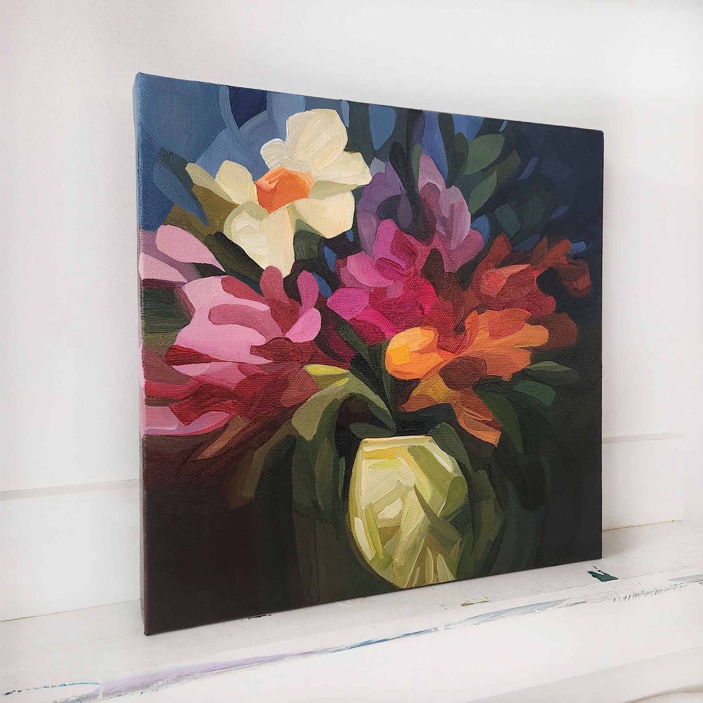 Original abstract floral artwork with bright bouquet and dark blue backdrop
