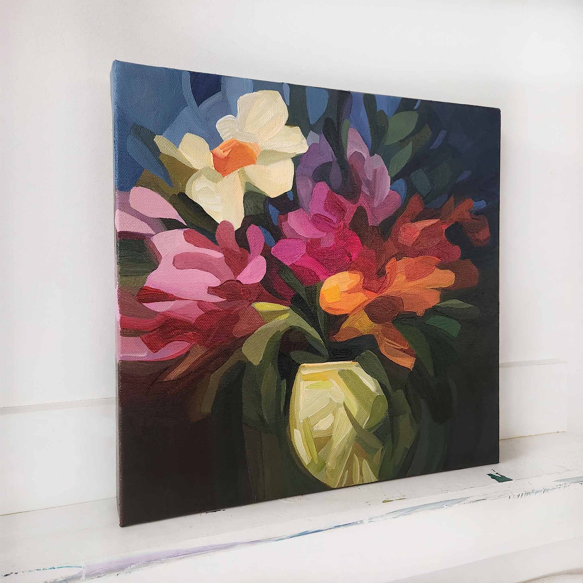 Original abstract floral artwork with bright bouquet and dark blue backdrop