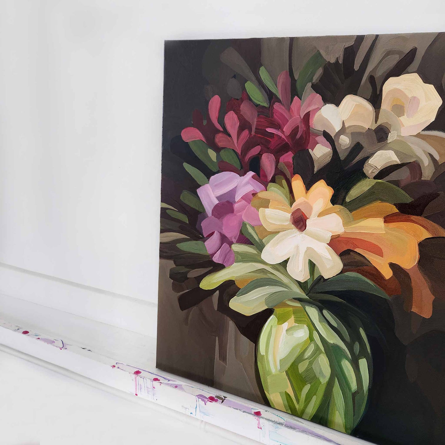 Abstract floral painting with flowers growing from rich, earthy brown tones