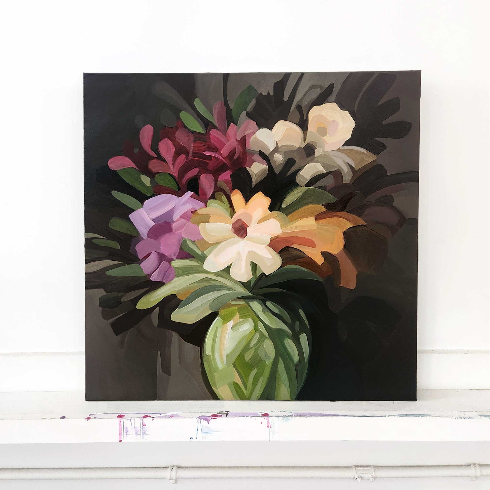 Abstract floral painting with warm brown background and colourful blooms