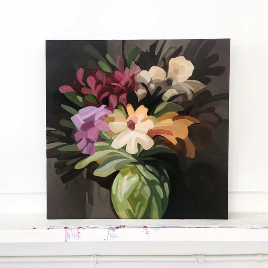 Abstract floral painting with warm brown background and colourful blooms