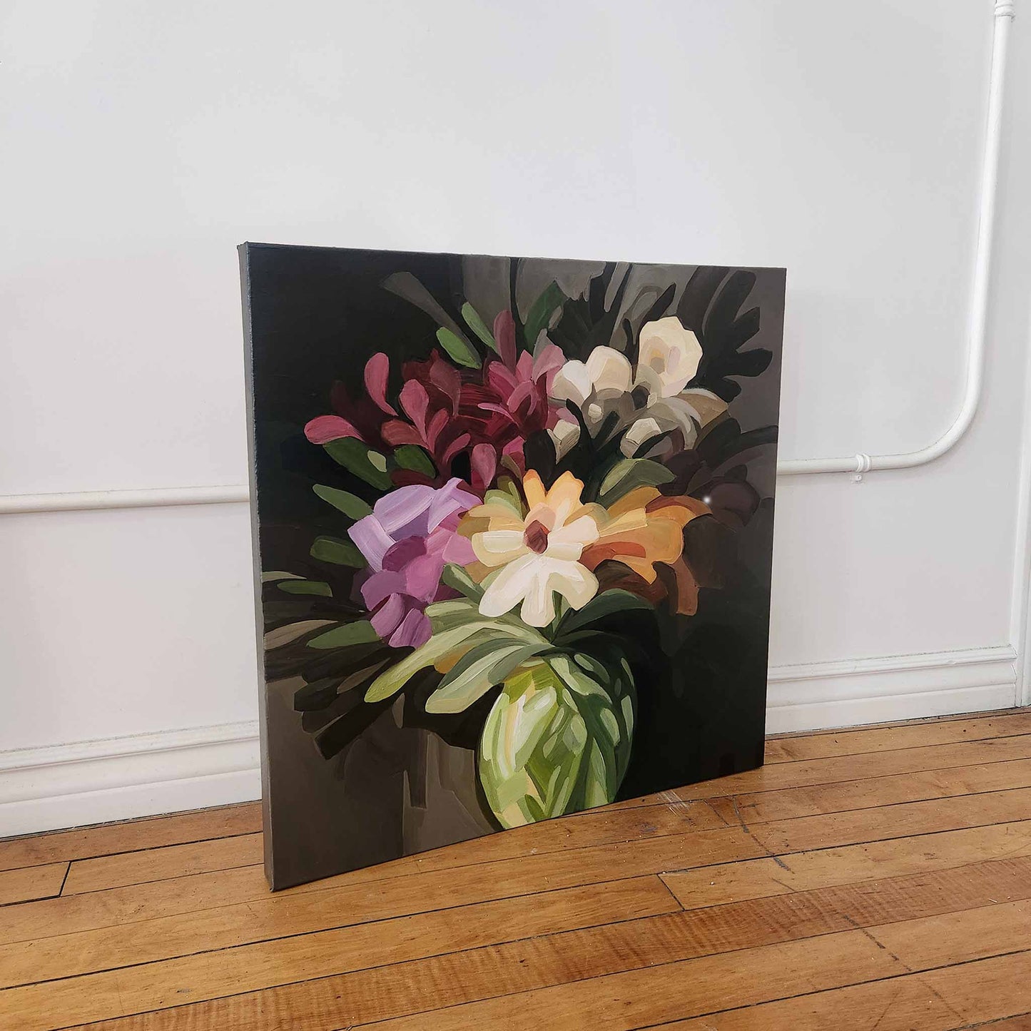 Original abstract floral painting with warm brown tones and vibrant flowers