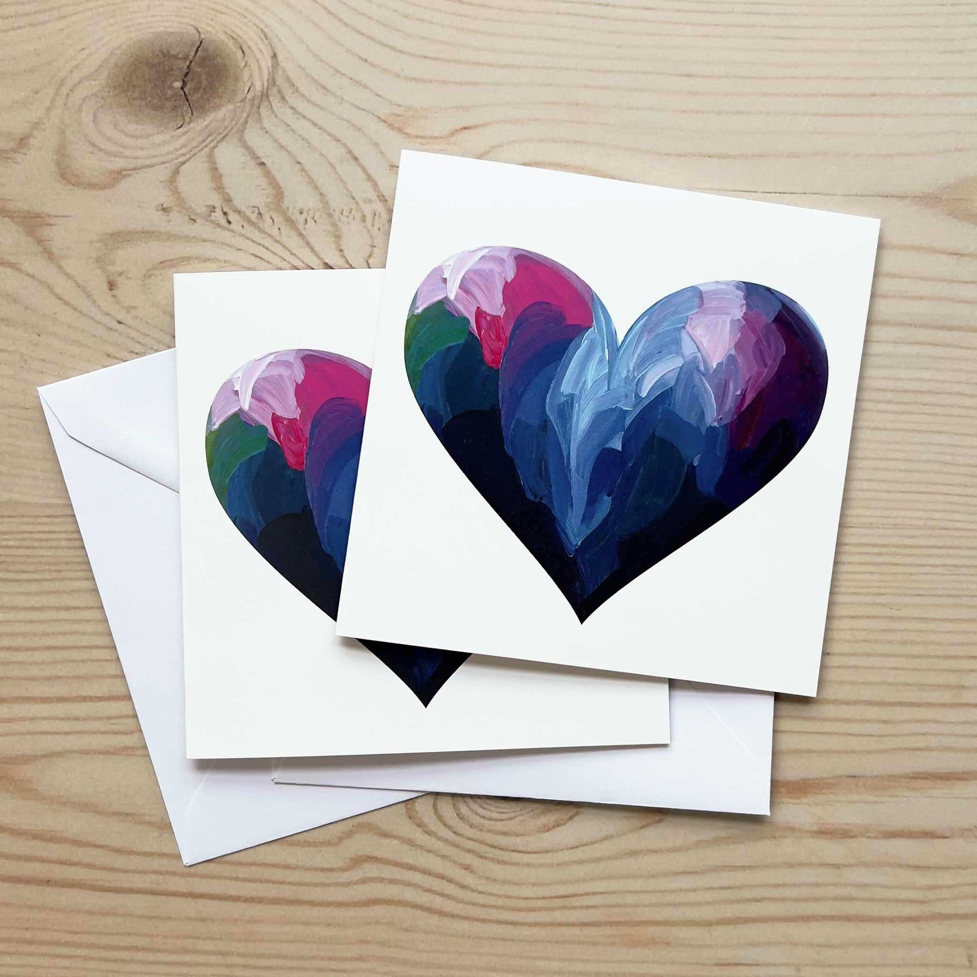 Blue heart thinking of you greeting cards with soft contemporary abstract artwork