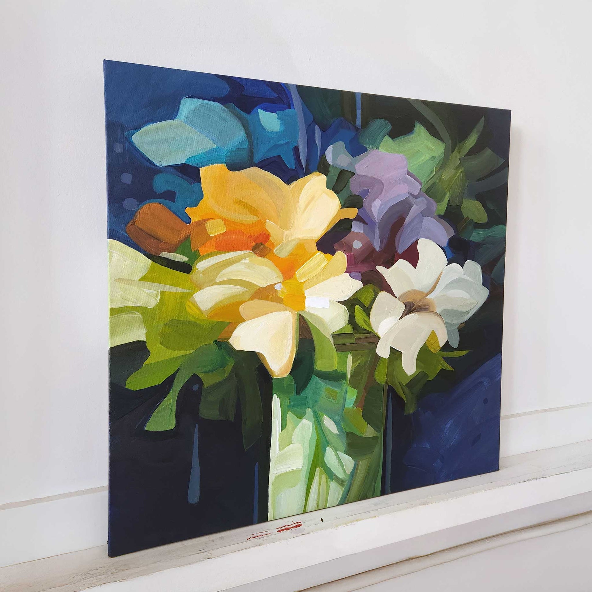 contemporary wildflower painting with blue and yellow flowers