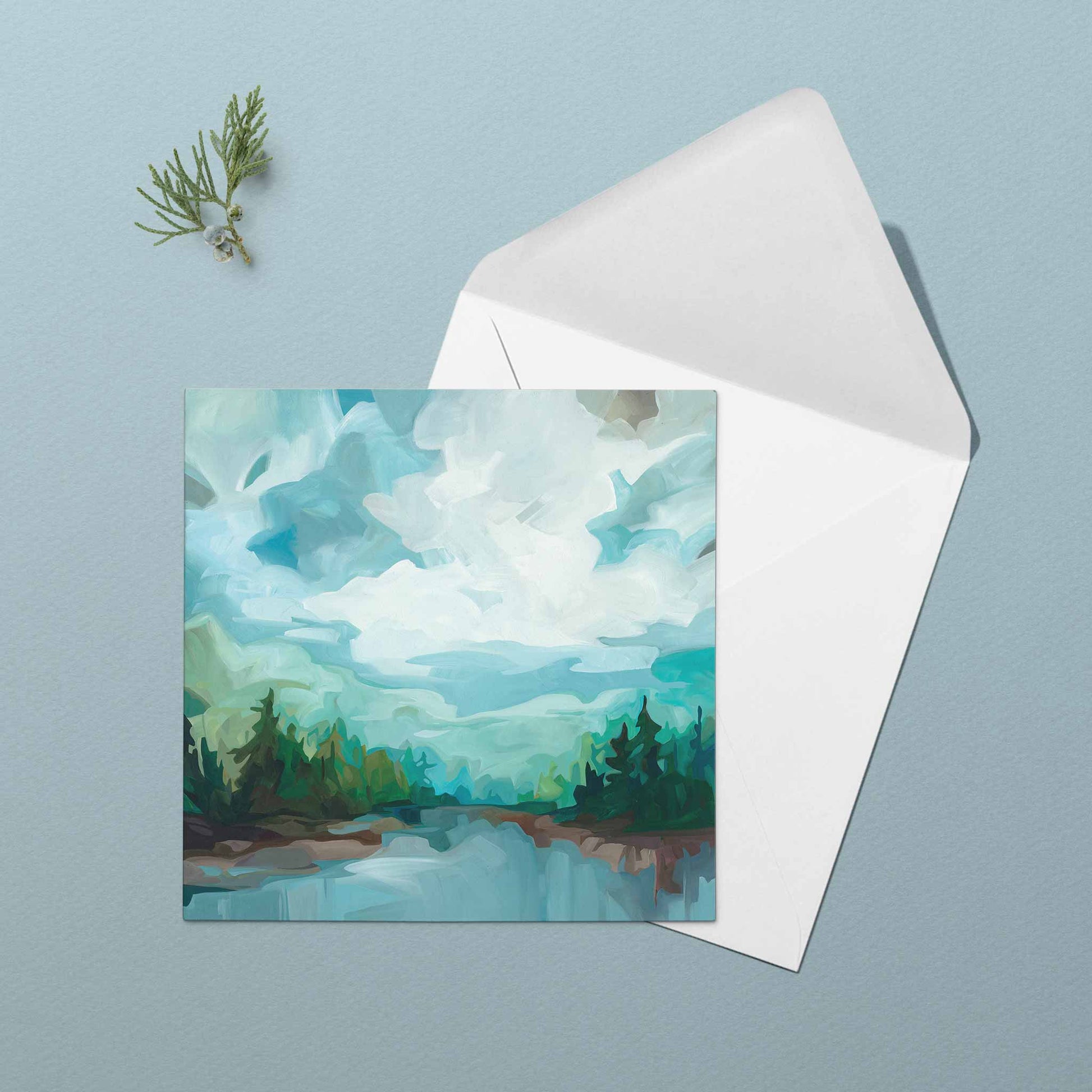 Abstract lakeside greeting card with open sky, forest shoreline, and peaceful cottage country landscape