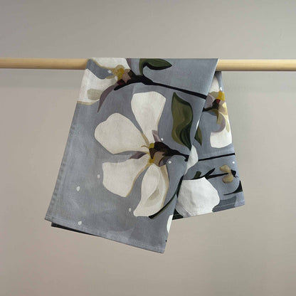 grey cotton tea towel with white flowers
