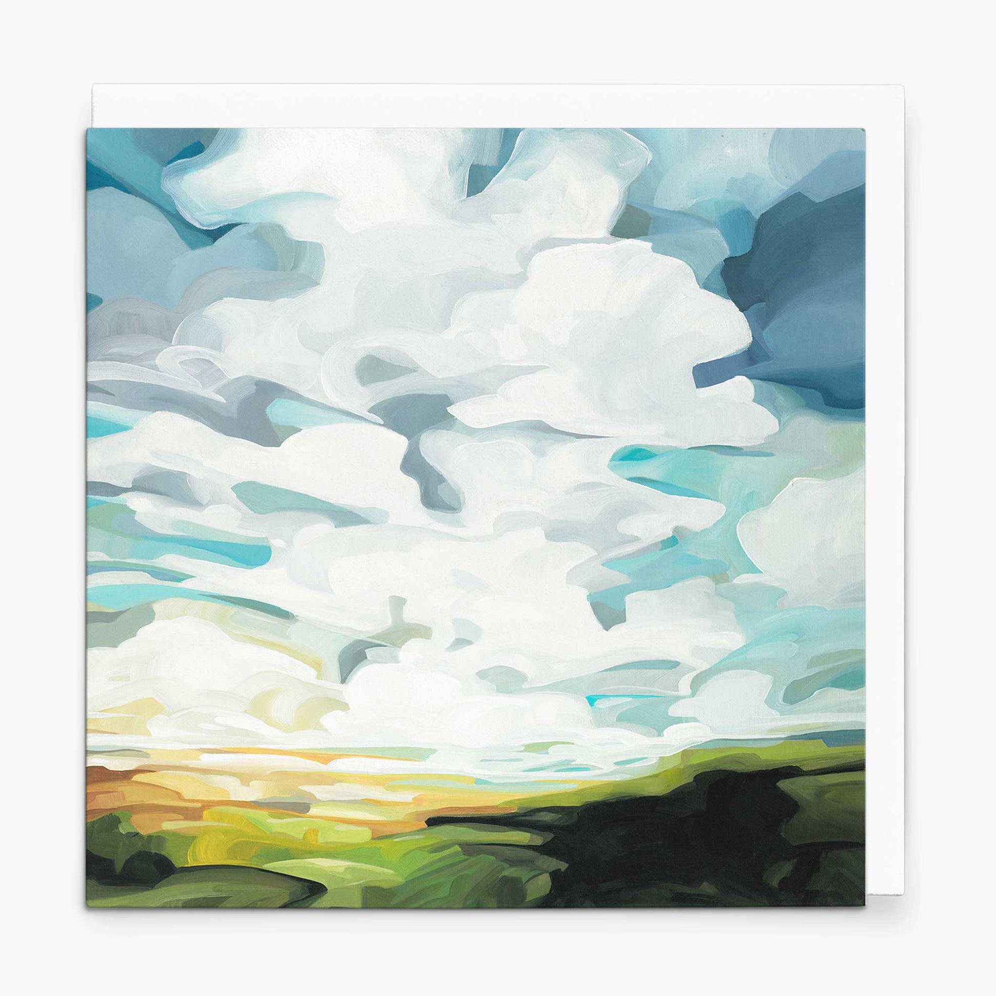Contemporary landscape greeting card featuring rolling green hills, bright blue skies, and peaceful countryside scenery