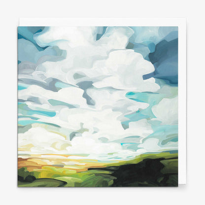 Contemporary landscape greeting card featuring rolling green hills, bright blue skies, and peaceful countryside scenery