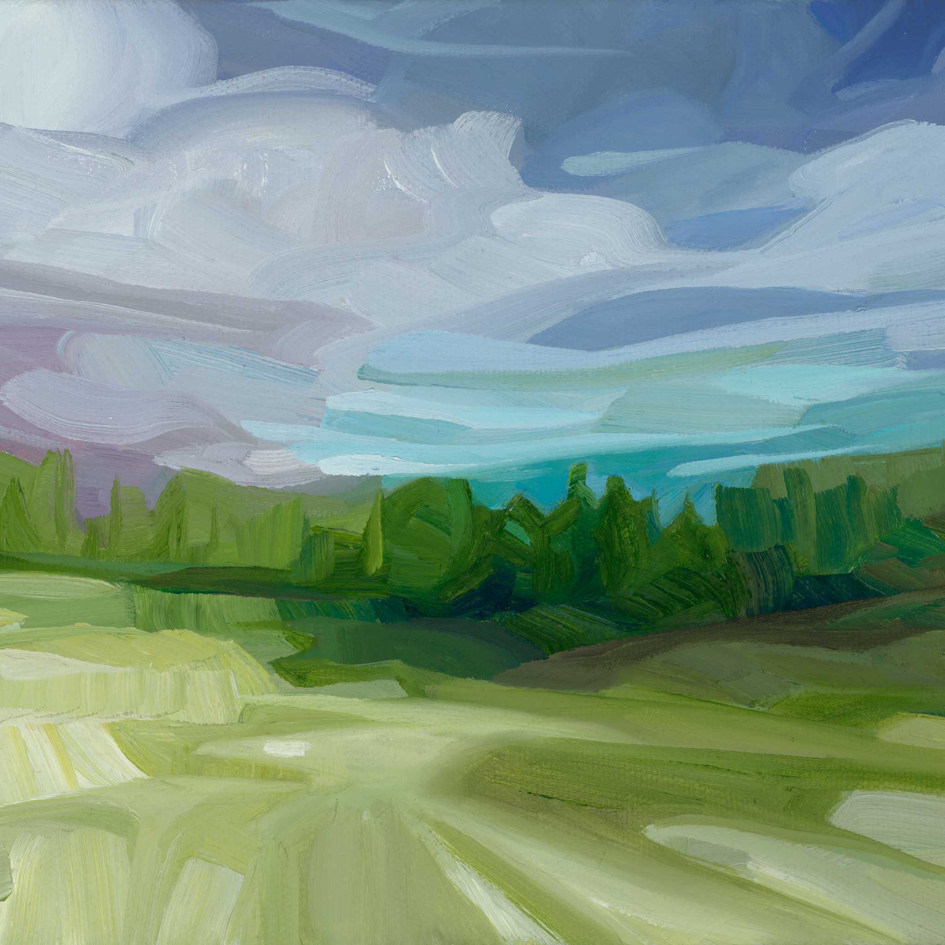 Colourful evening landscape fine art print featuring a glowing sky, long shadows and a peaceful tree-lined countryside view