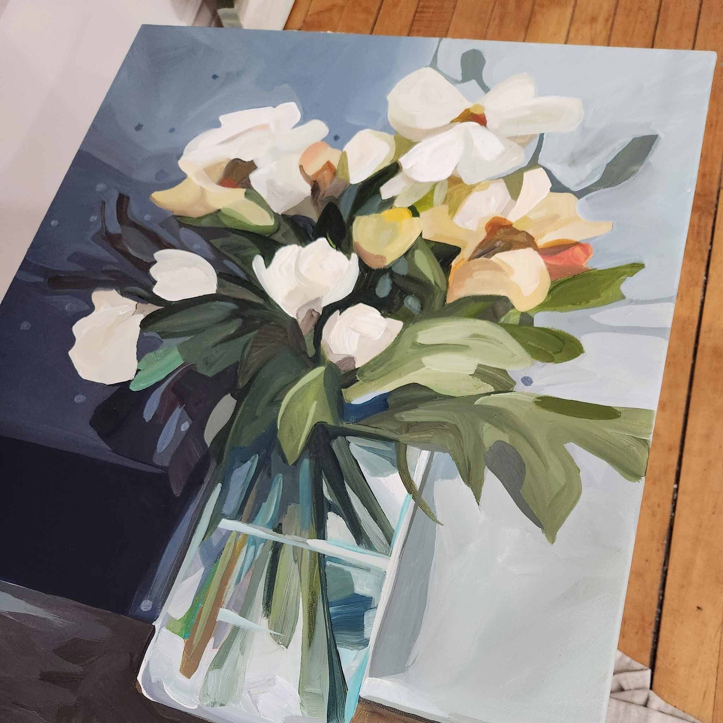 painting of cream flowers in a vase