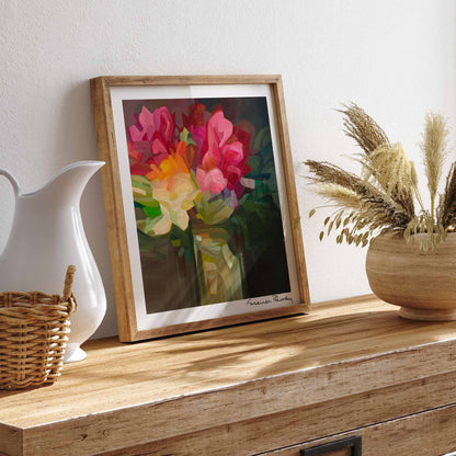 framed abstract floral artwork on sideboard