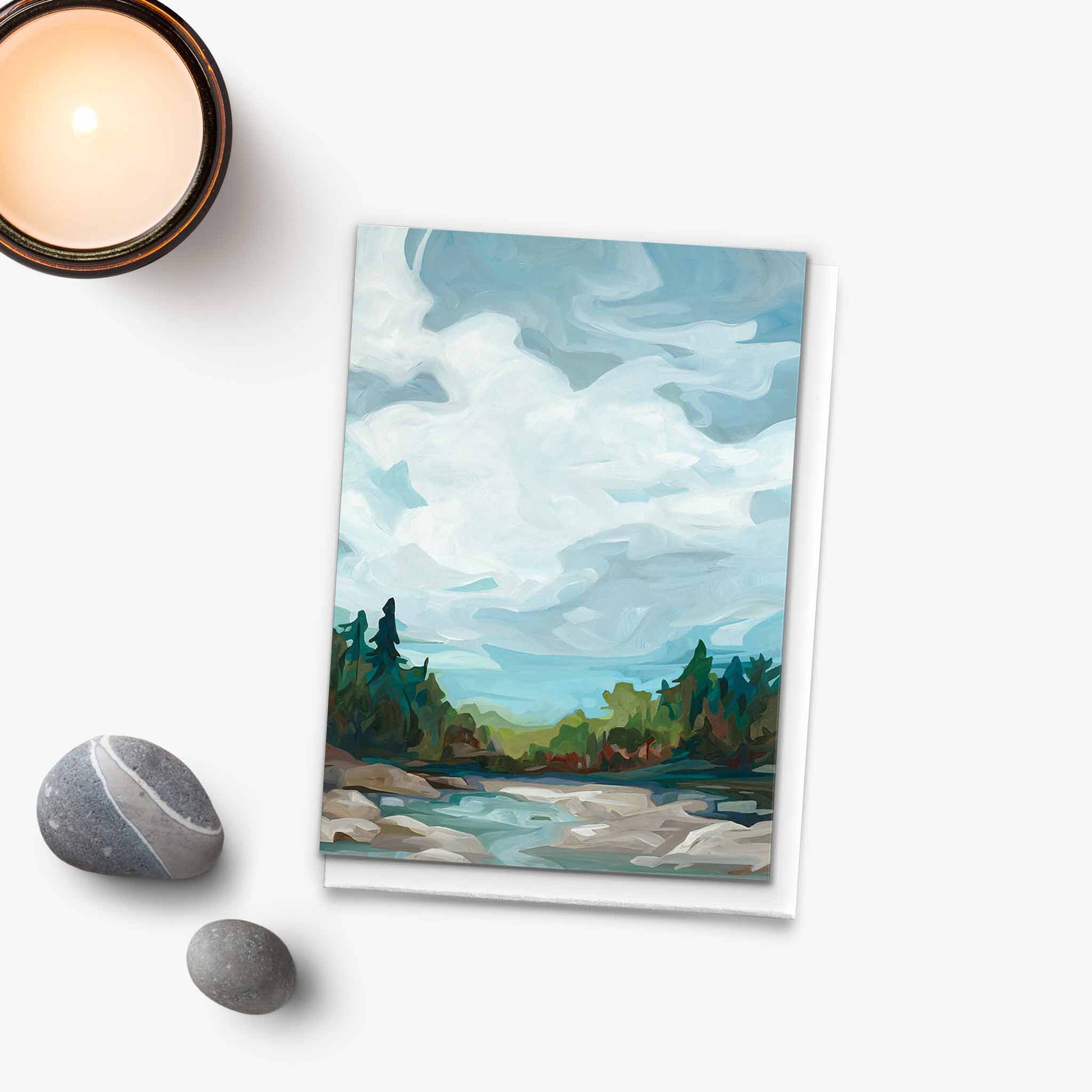 Summer landscape art card with lake, forest, and blue sky