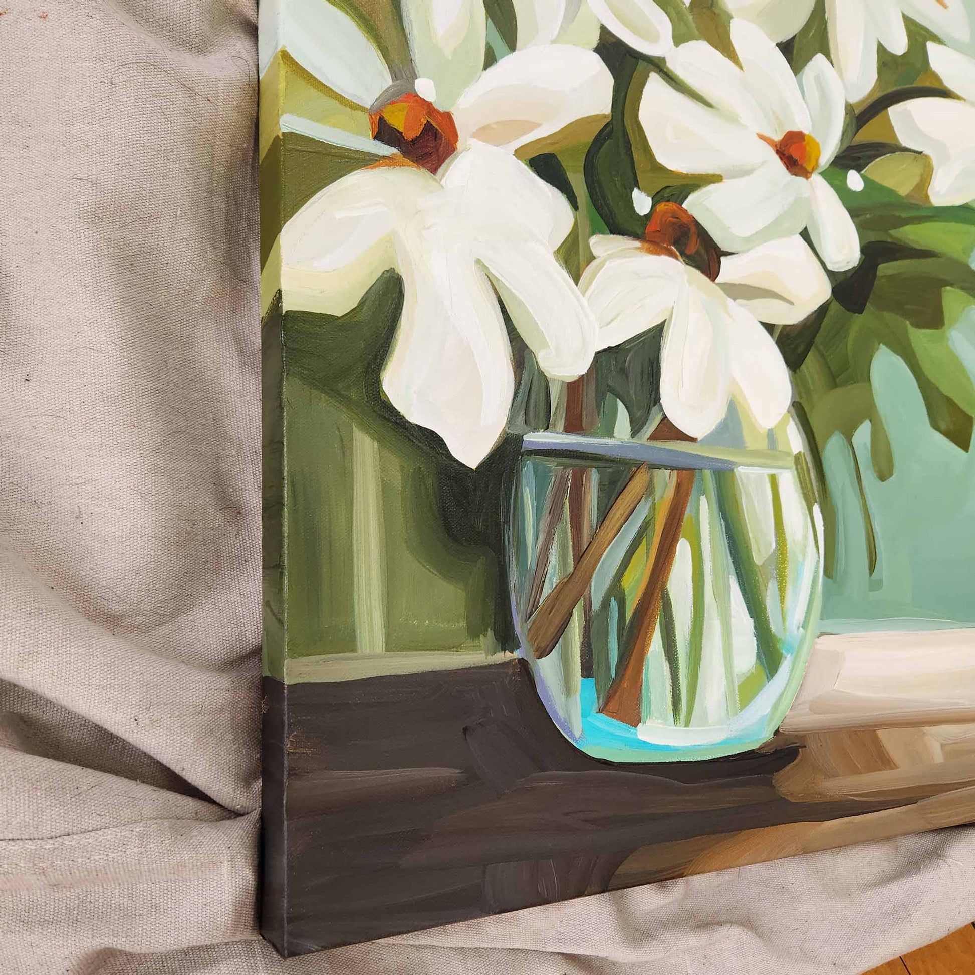 side view of daisies painting on canvas