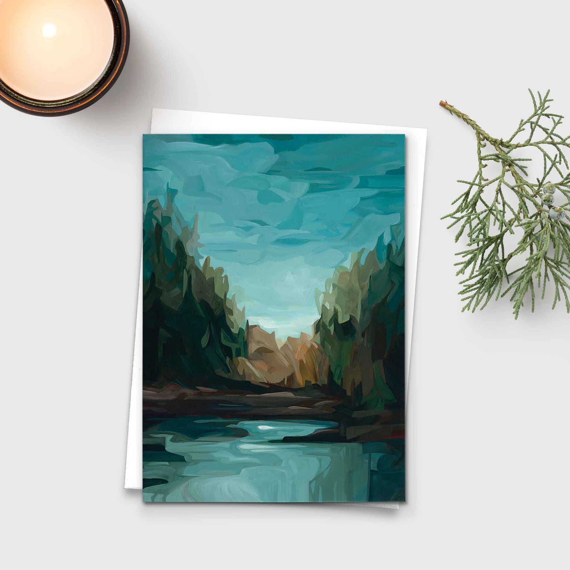 Forest landscape art card with still water and shoreline trees