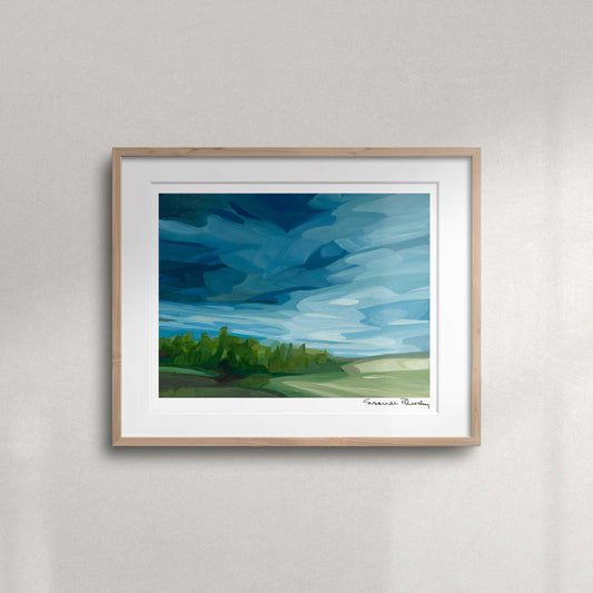 Dramatic rainstorm landscape fine art print featuring dark storm clouds rolling across the countryside.