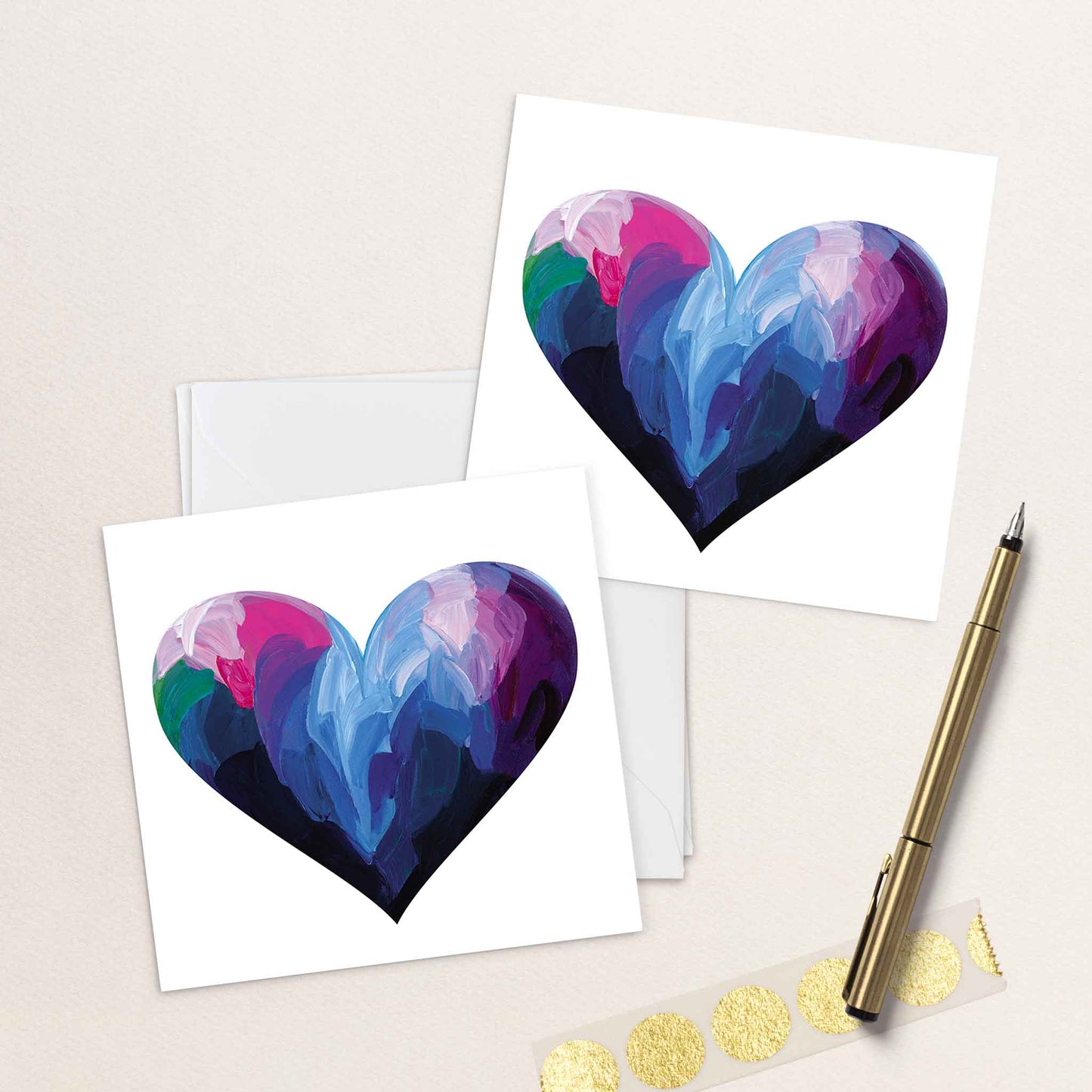 Contemporary friendship card featuring a painted blue abstract heart