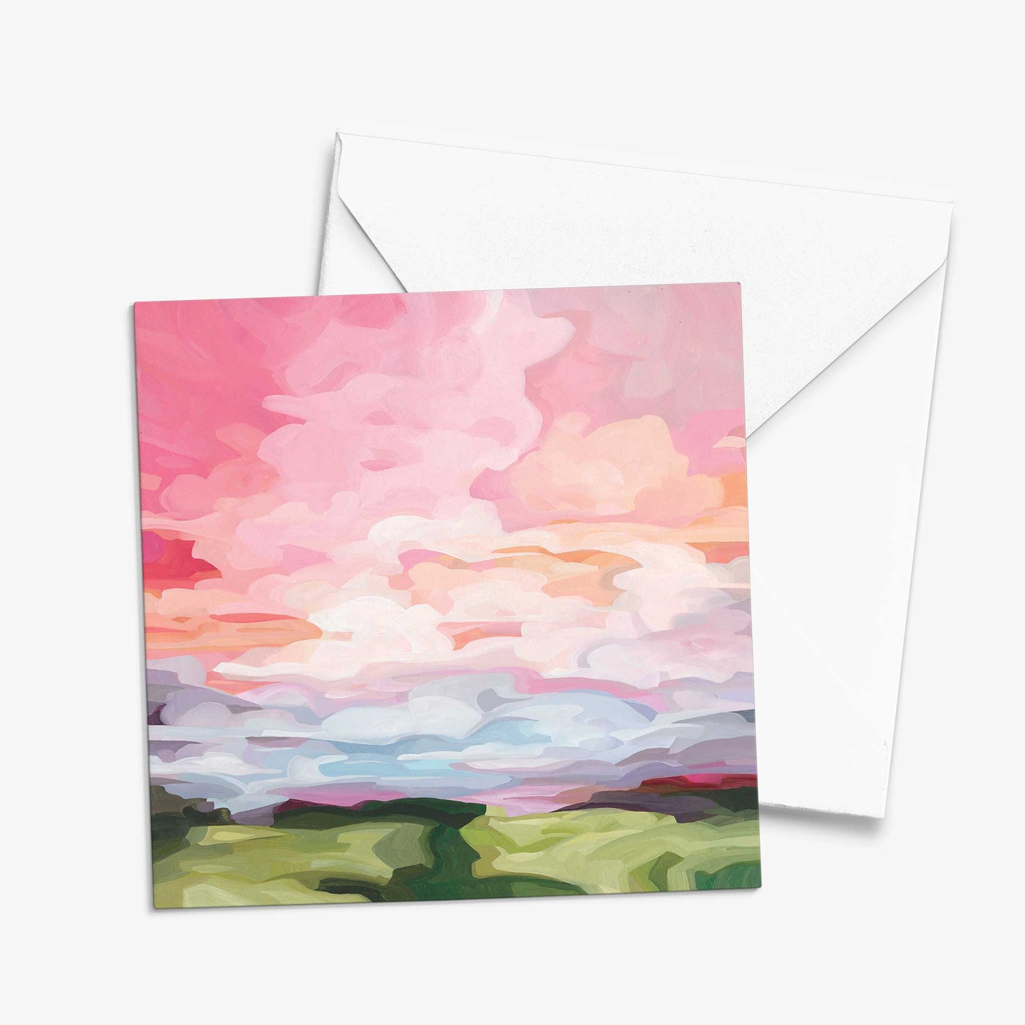 Contemporary abstract cloudscape art greeting card with expressive pink clouds, glowing horizon light, and colourful countryside landscape