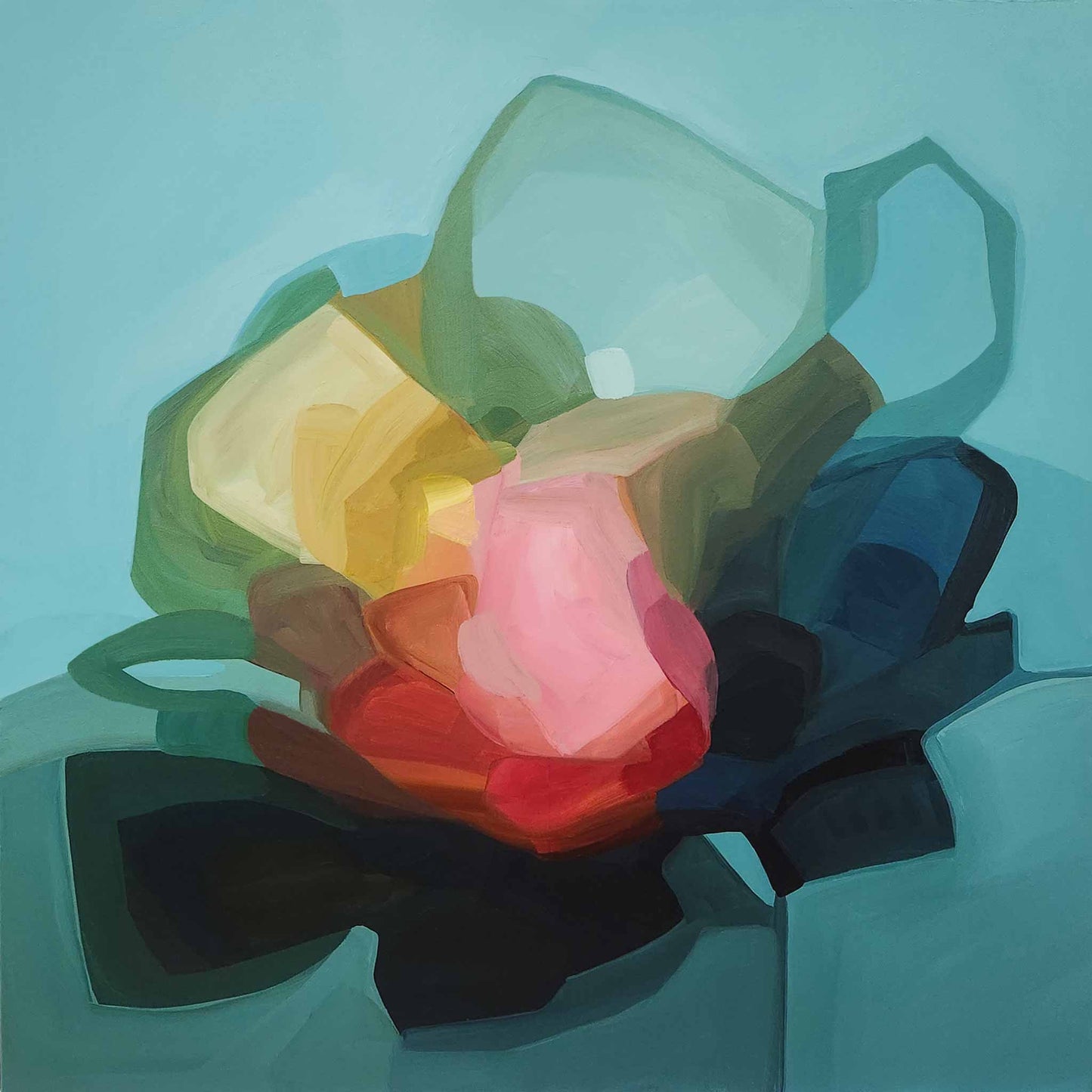 large pink and blue flowers in abstract painting