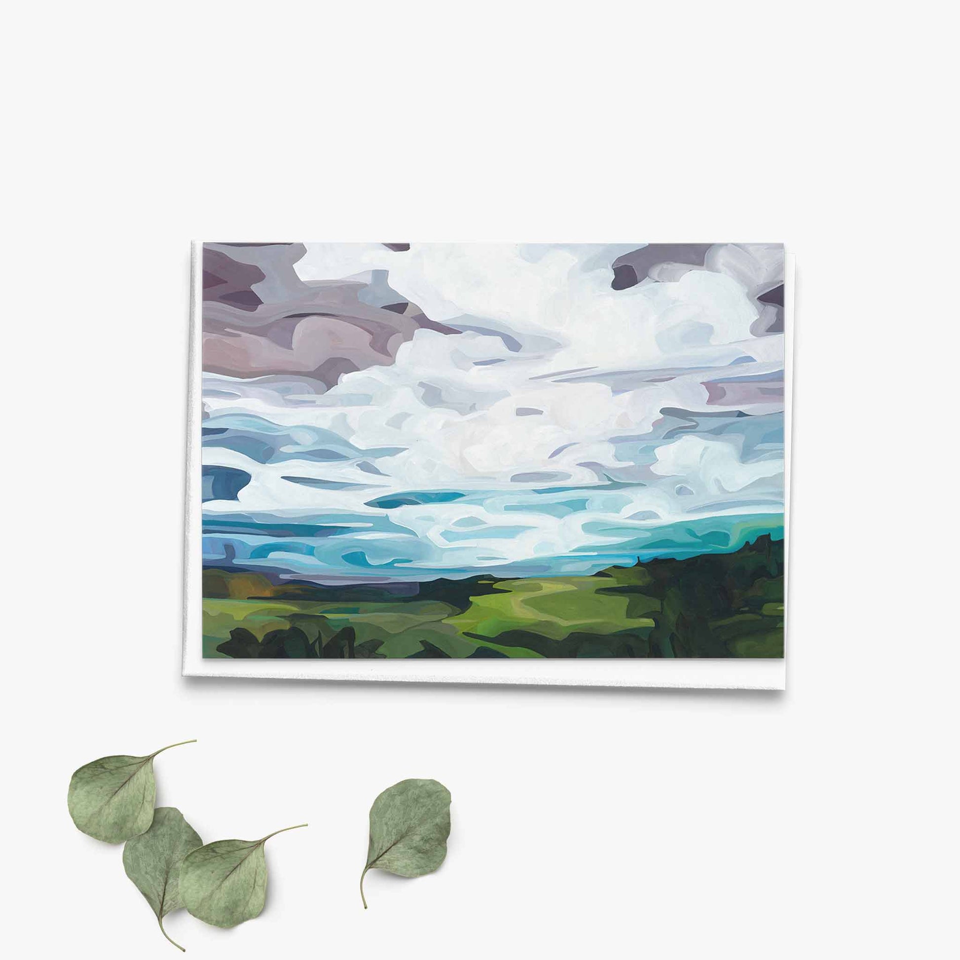 Abstract landscape art card with pastel twilight sky and turquoise glow