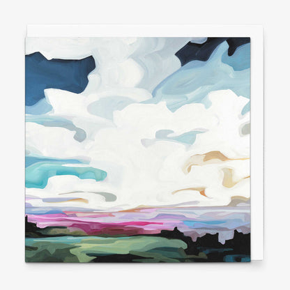 Abstract sky greeting card featuring a deep cobalt blue evening sky with glowing pink horizon light and moonlit clouds