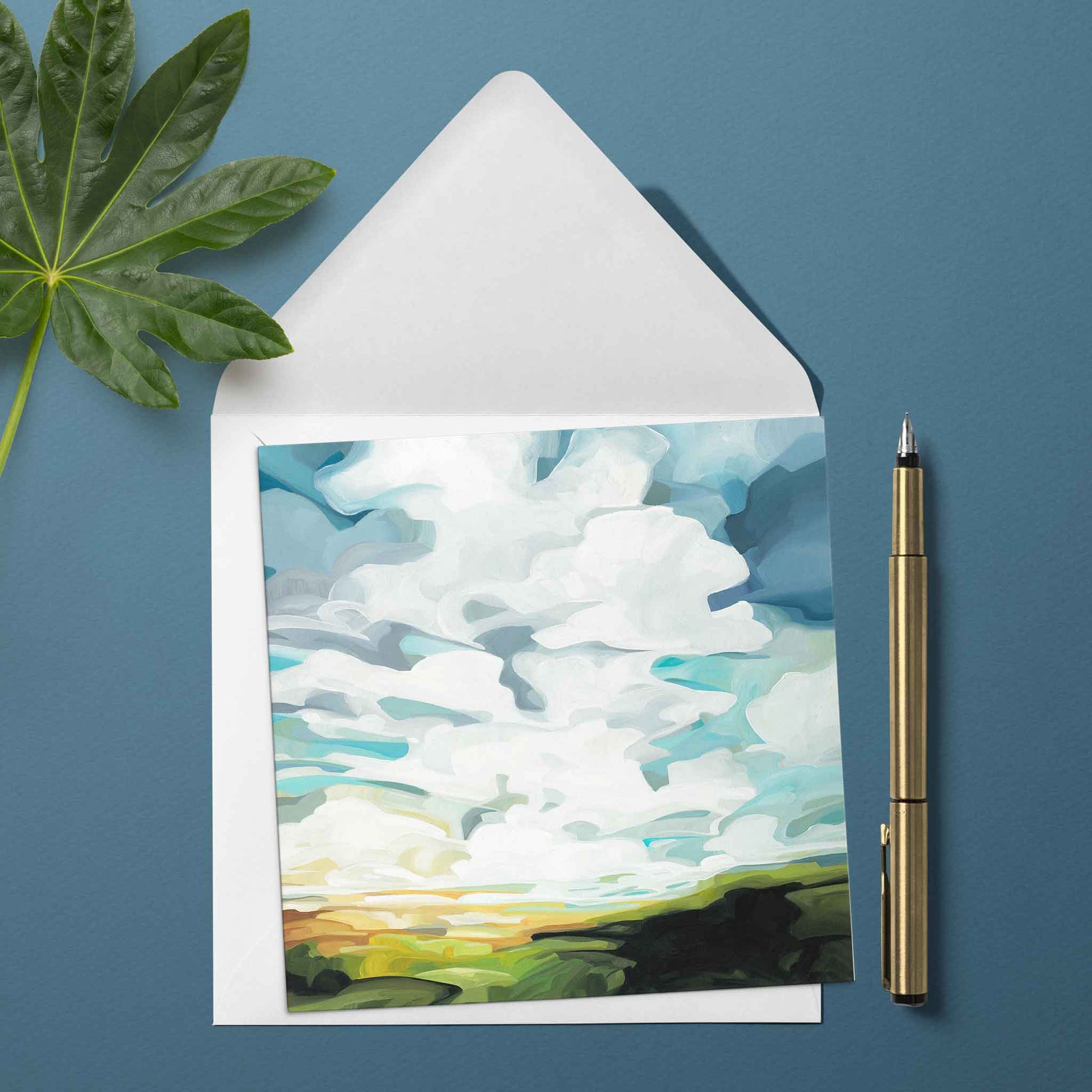 everyday greeting card green hills and sunshine painting