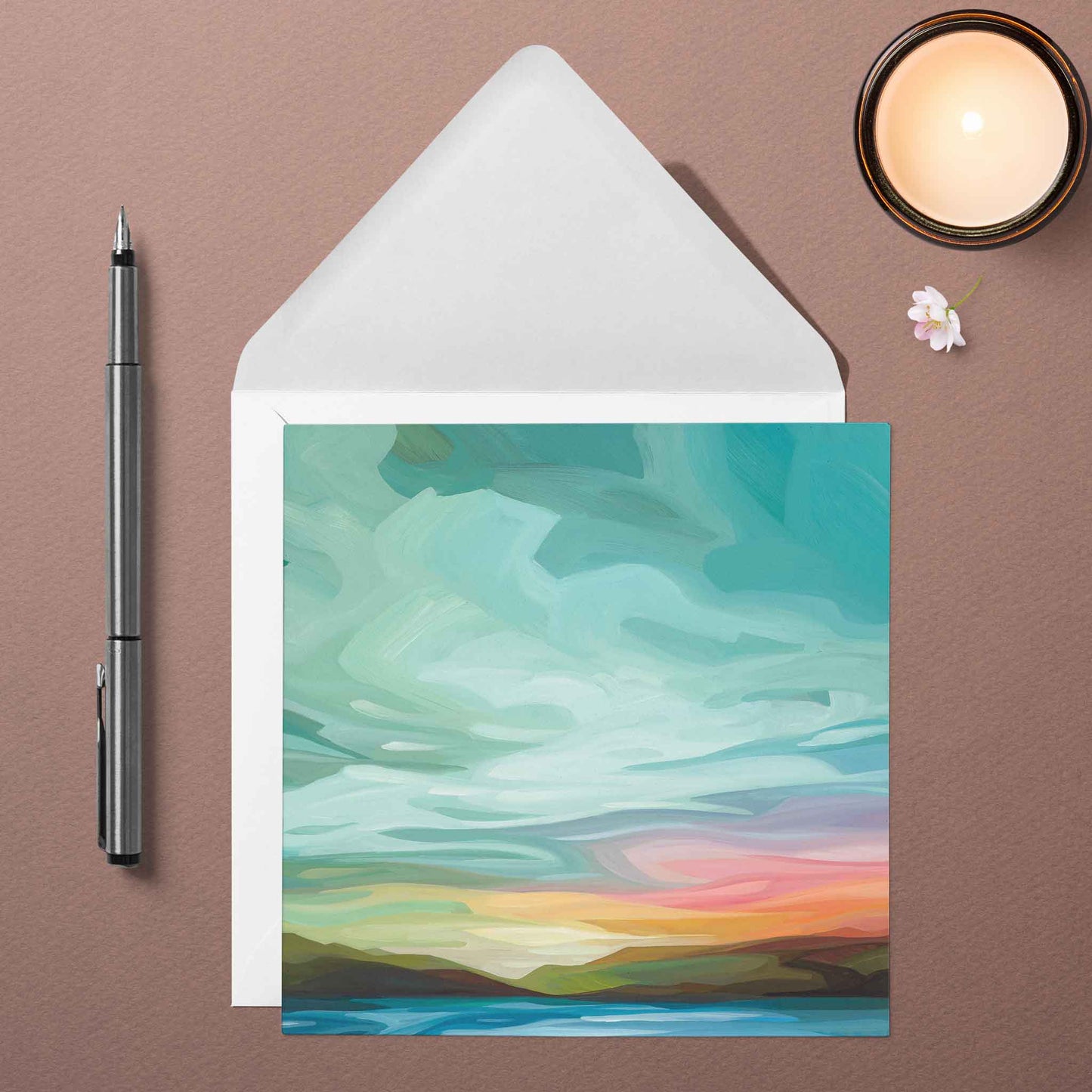 fine art cards UK with soft teal sunset sky painting