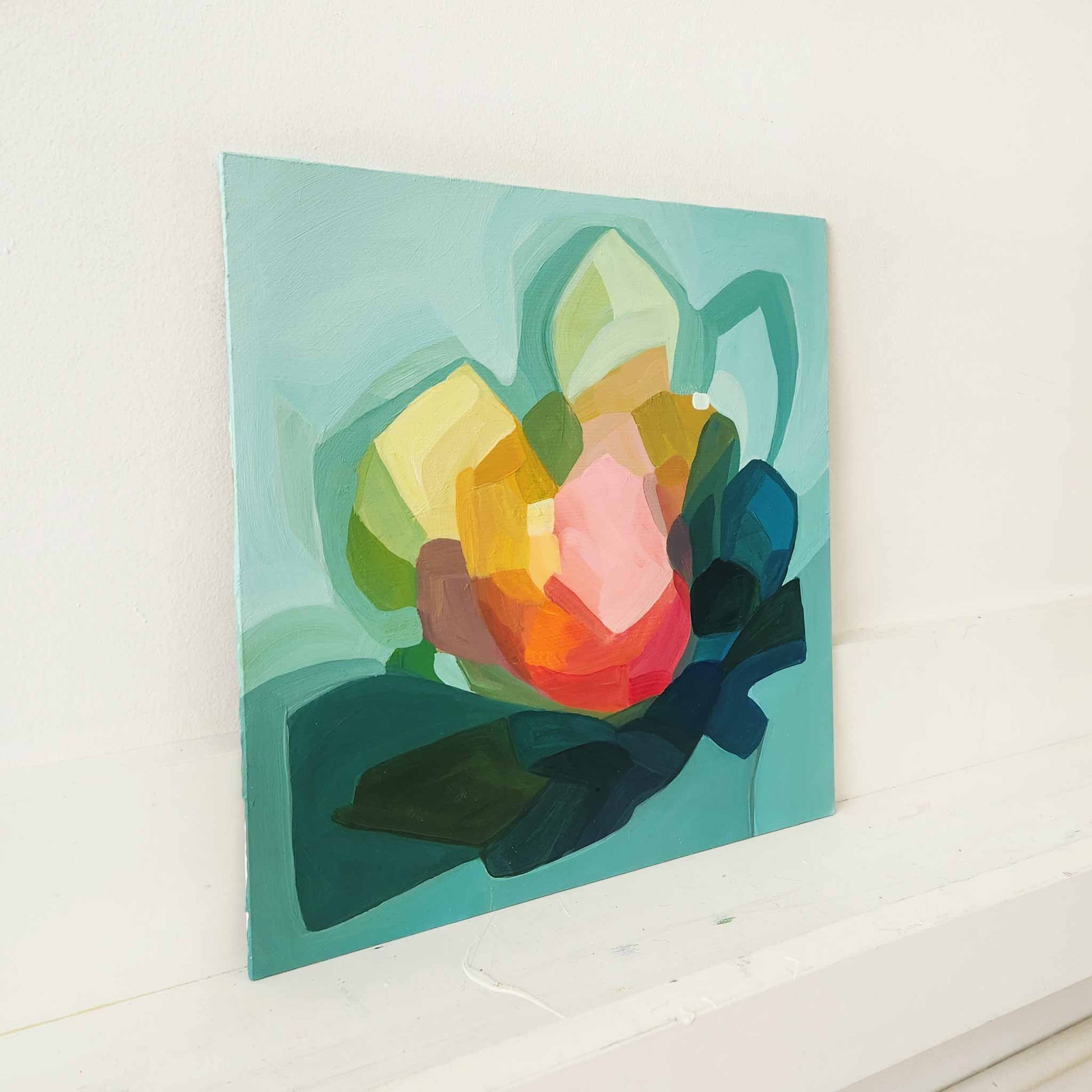 abstract flower painting in shades of teal