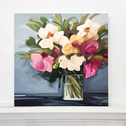 painting of floral bouquet in vase 30x30