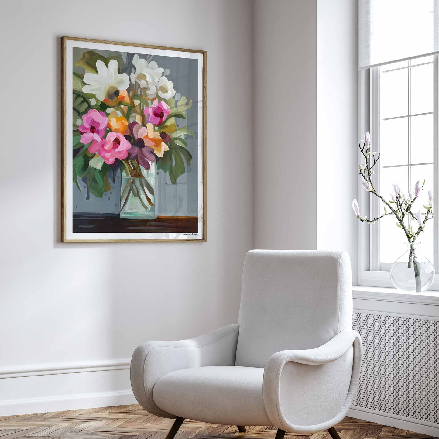 large floral wall art print in living room