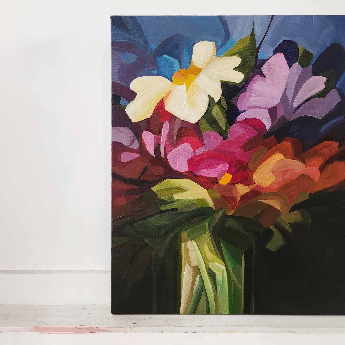 contemporary painting of purple wildflowers on blue background