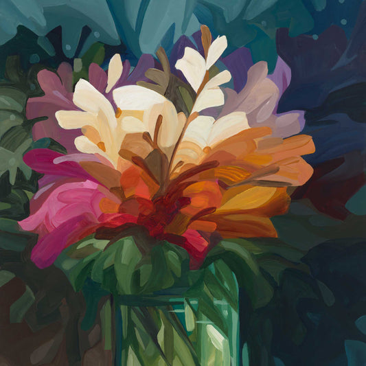 wall art print of a vibrant bunch of wildflowers glowing against a dark backgound