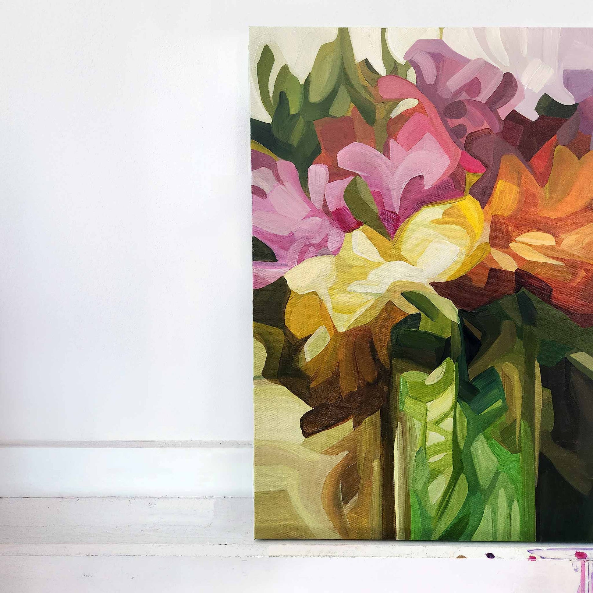 vertical painting of a bunch of mauve and golden wildflowers