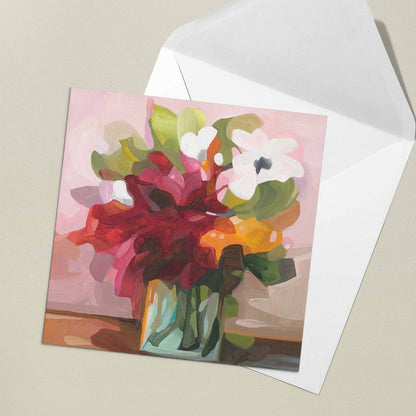 red abstract vase of flowers art cards uk