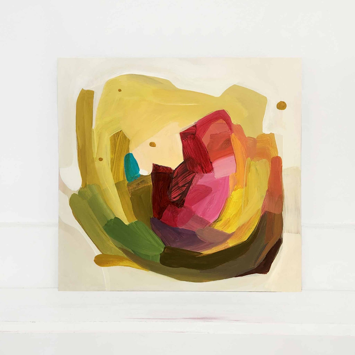 abstract flower painting in shades of yellow and pink