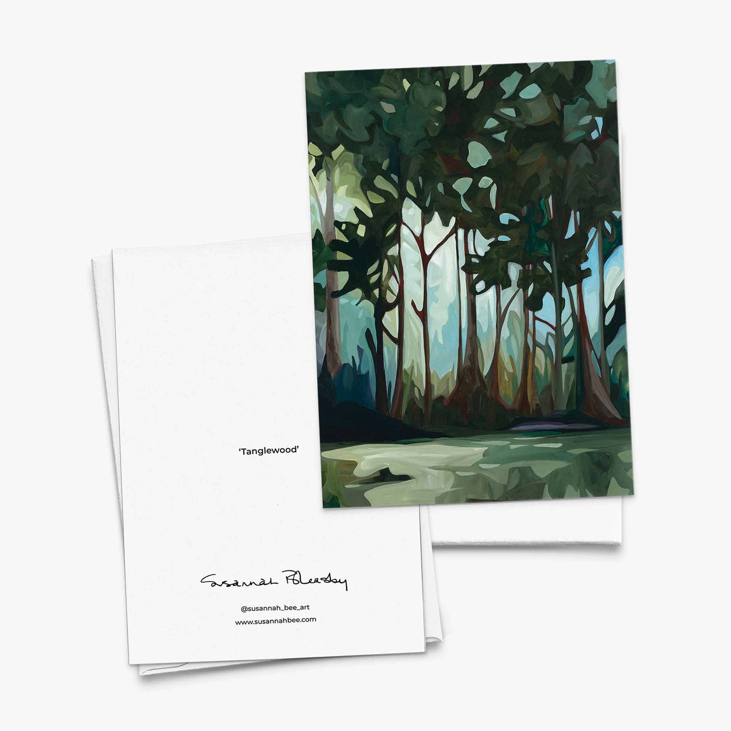 Fine art greeting card featuring woodland canopy and evening light