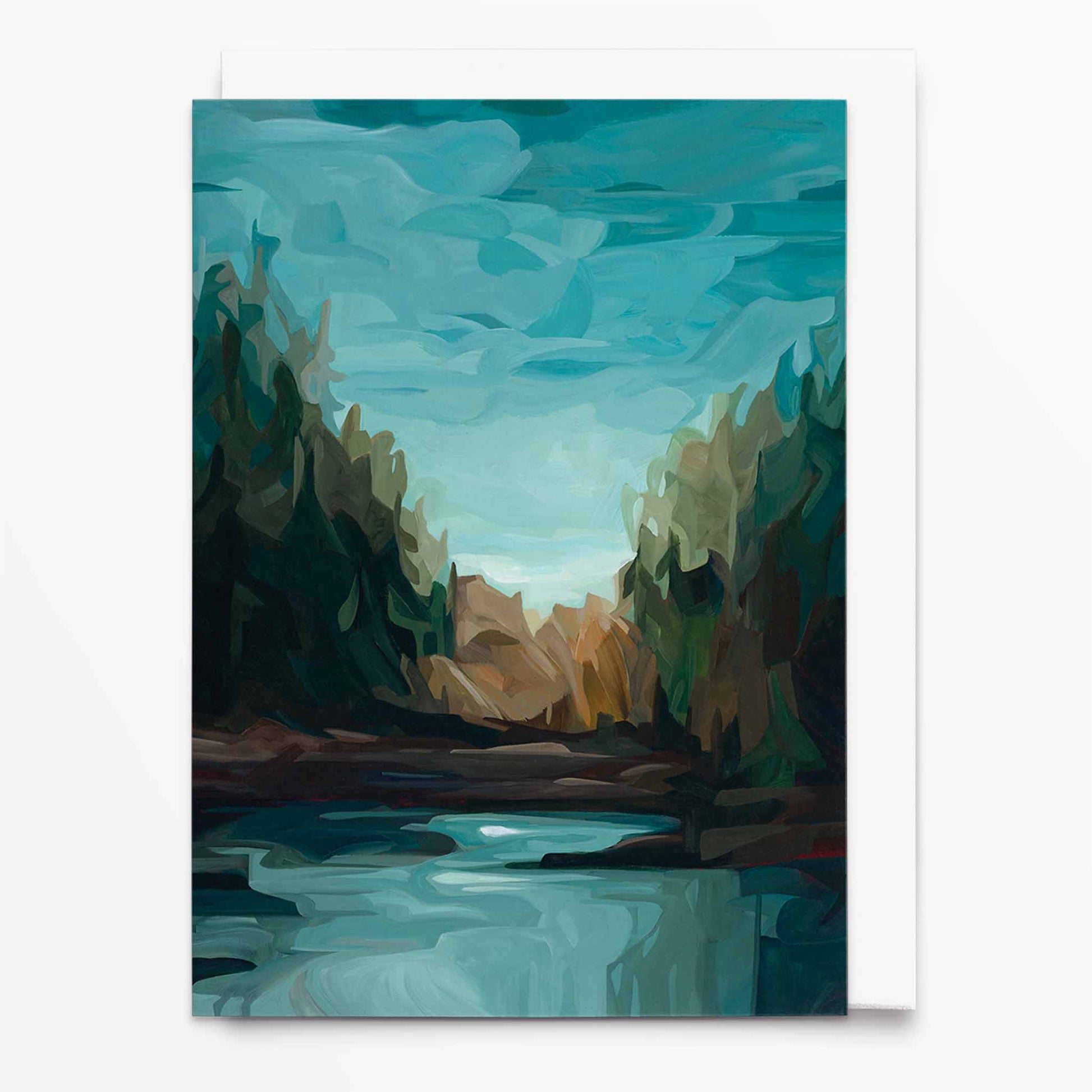 Landscape art card with forest lake shore and reflective water