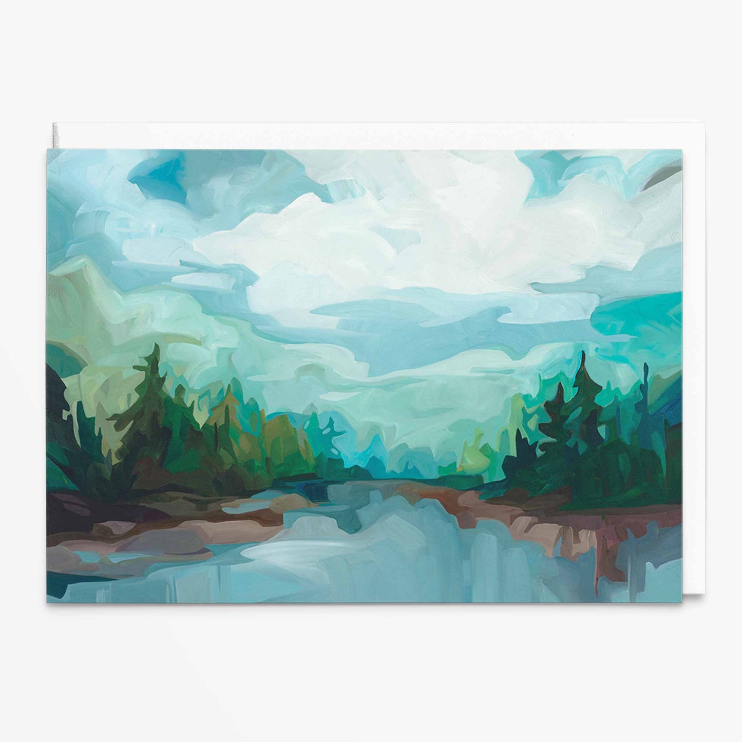 Landscape art card with breezy forest view and peaceful lake