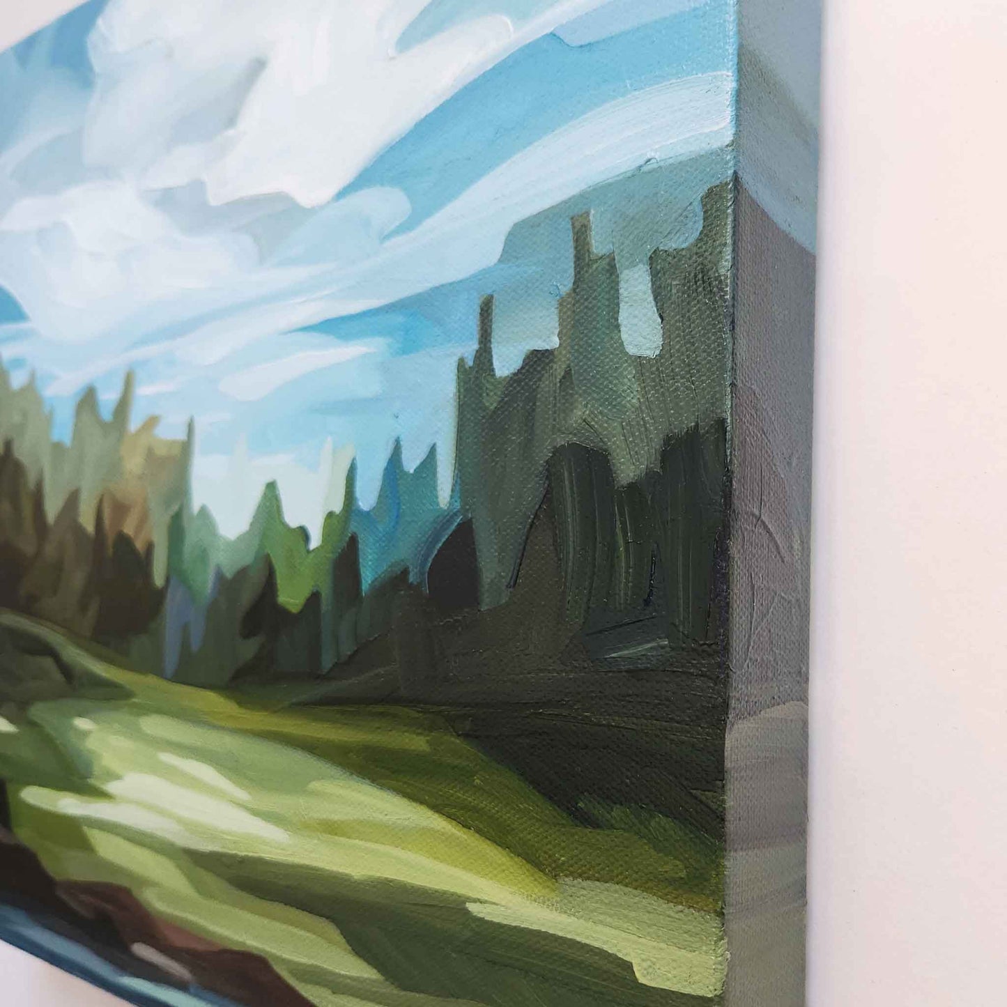 side view of forest landscape acrylic painting on canvas