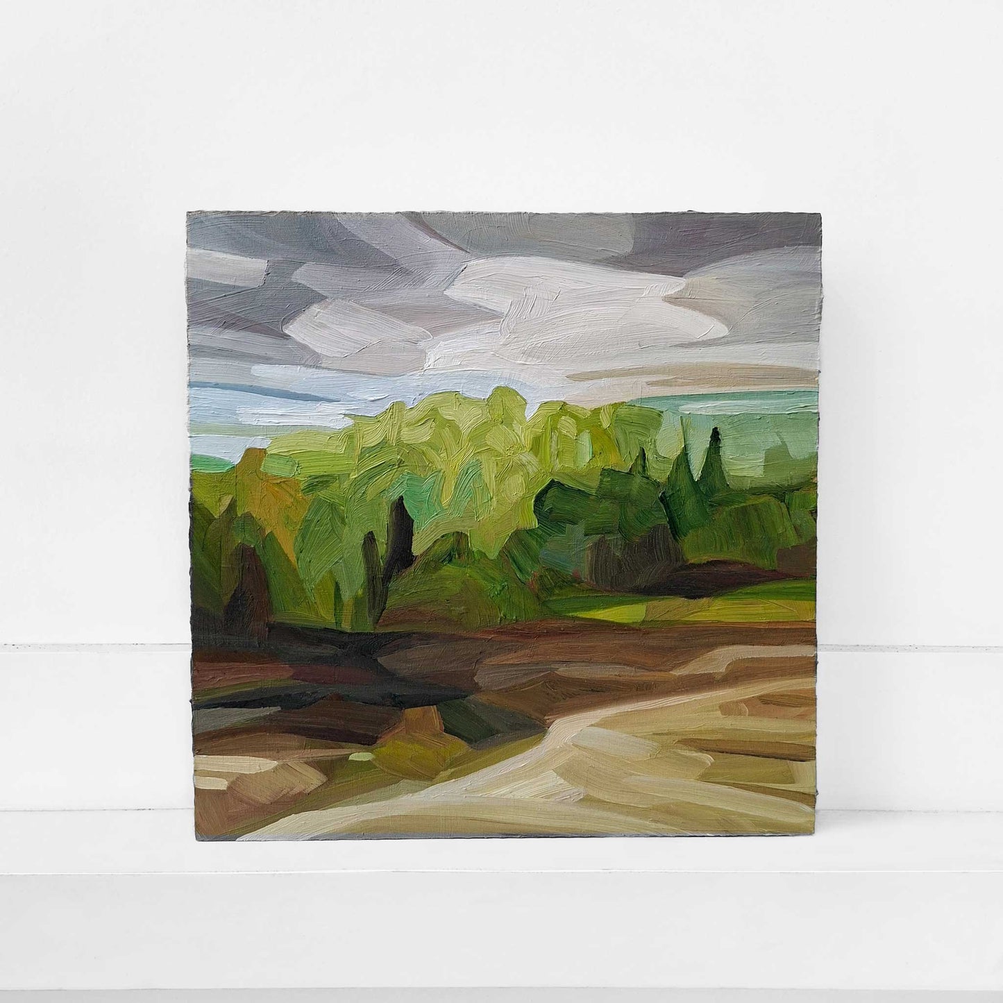 original oil painting of a morning sky above a forest and brown fields in spring
