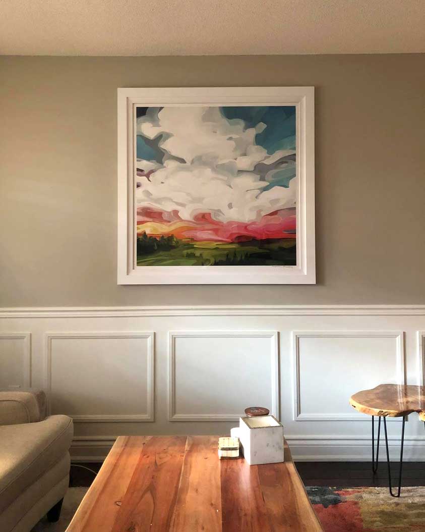 large square abstract skies art print in living room