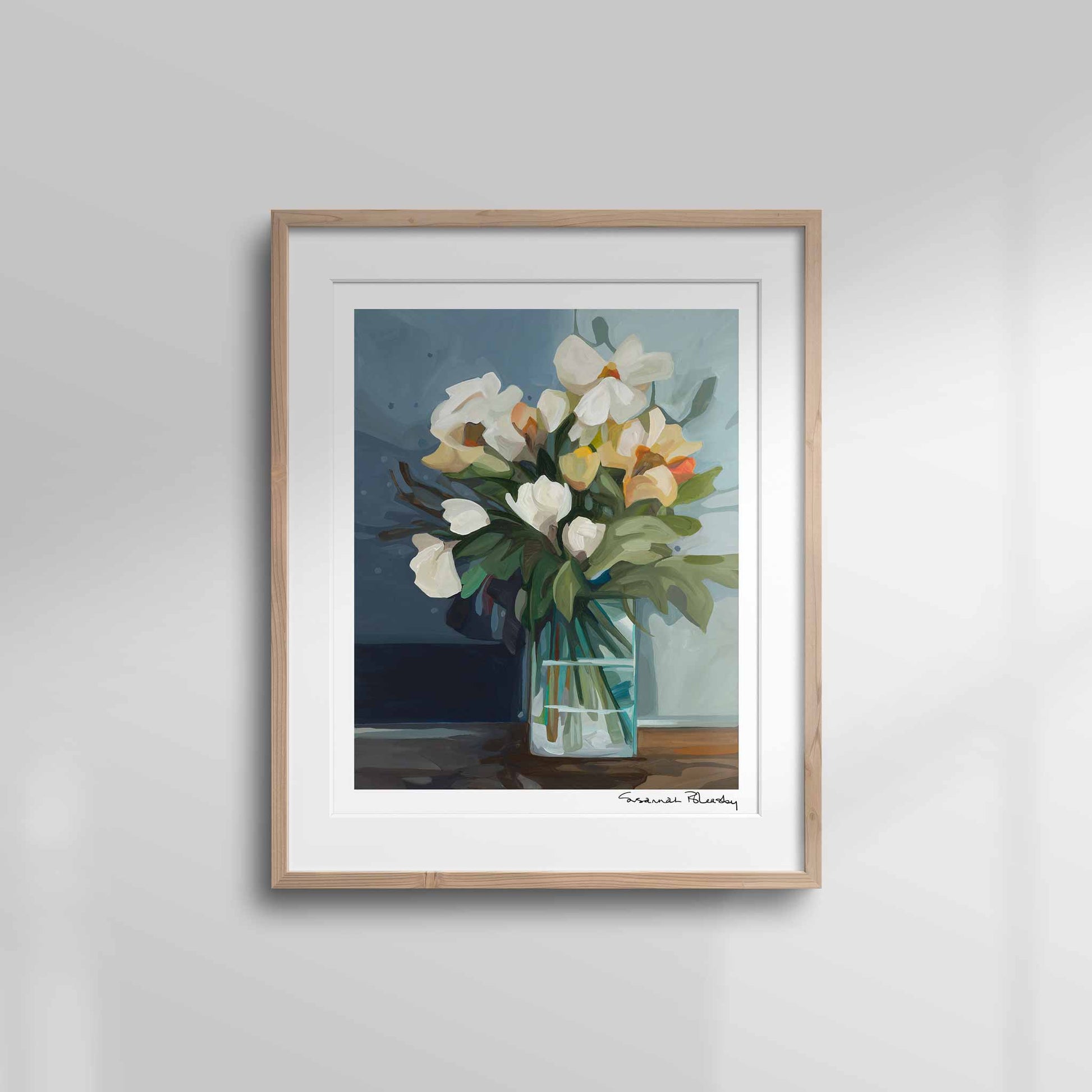 framed vertical floral art print with cream flowers 16x20