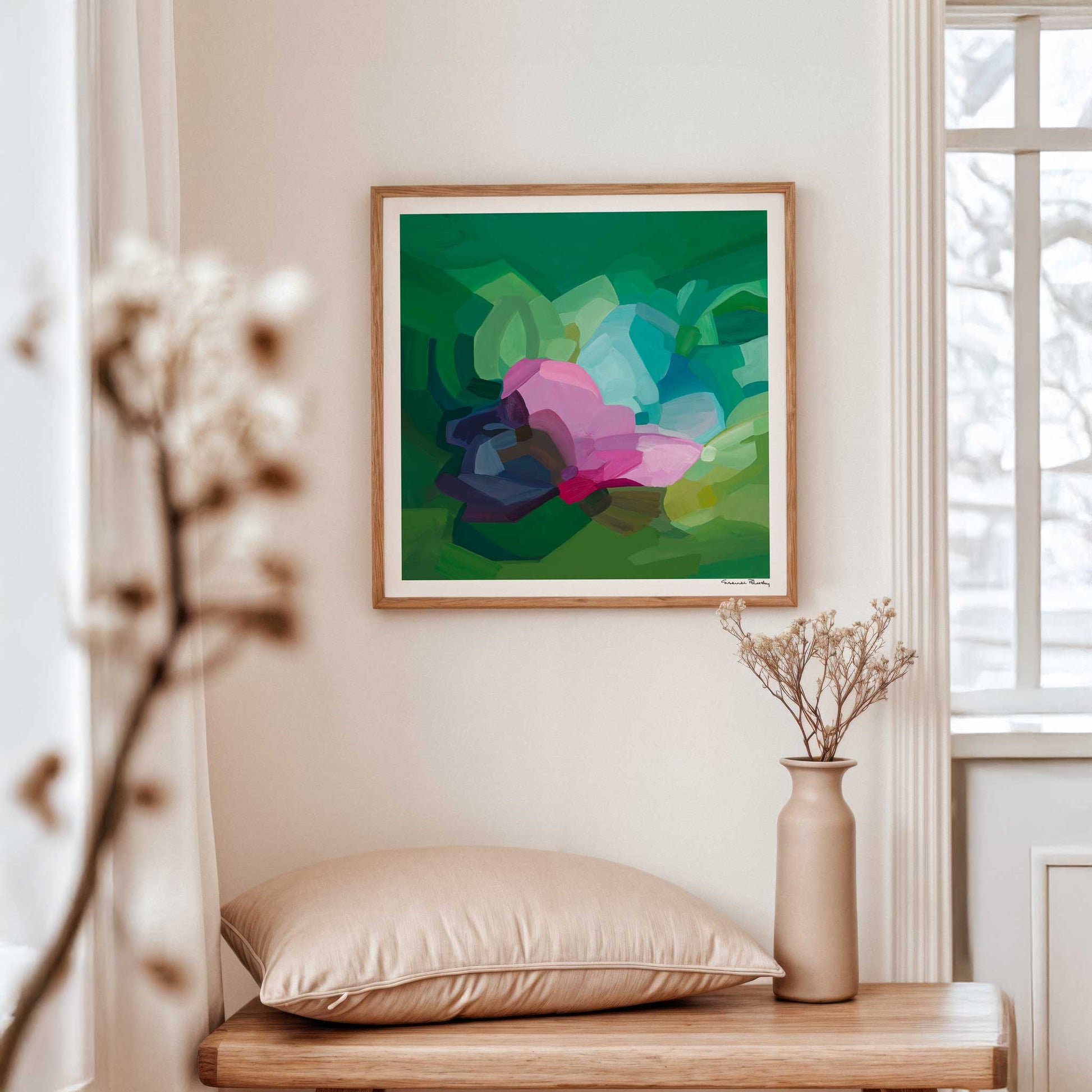 frolic emerald green abstract art print in living room