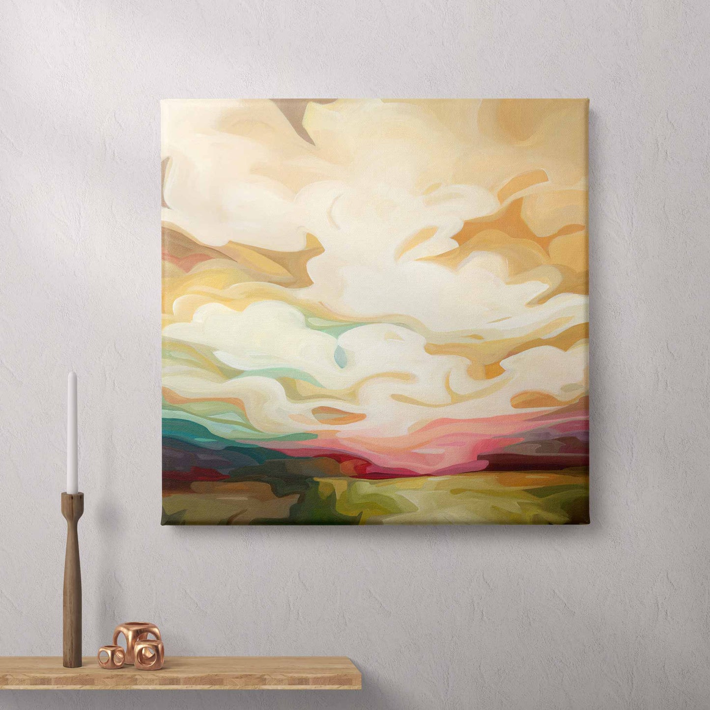 large square canvas art print of a golden sunrise painting by Canadian abstract artist Susannah Bleasby