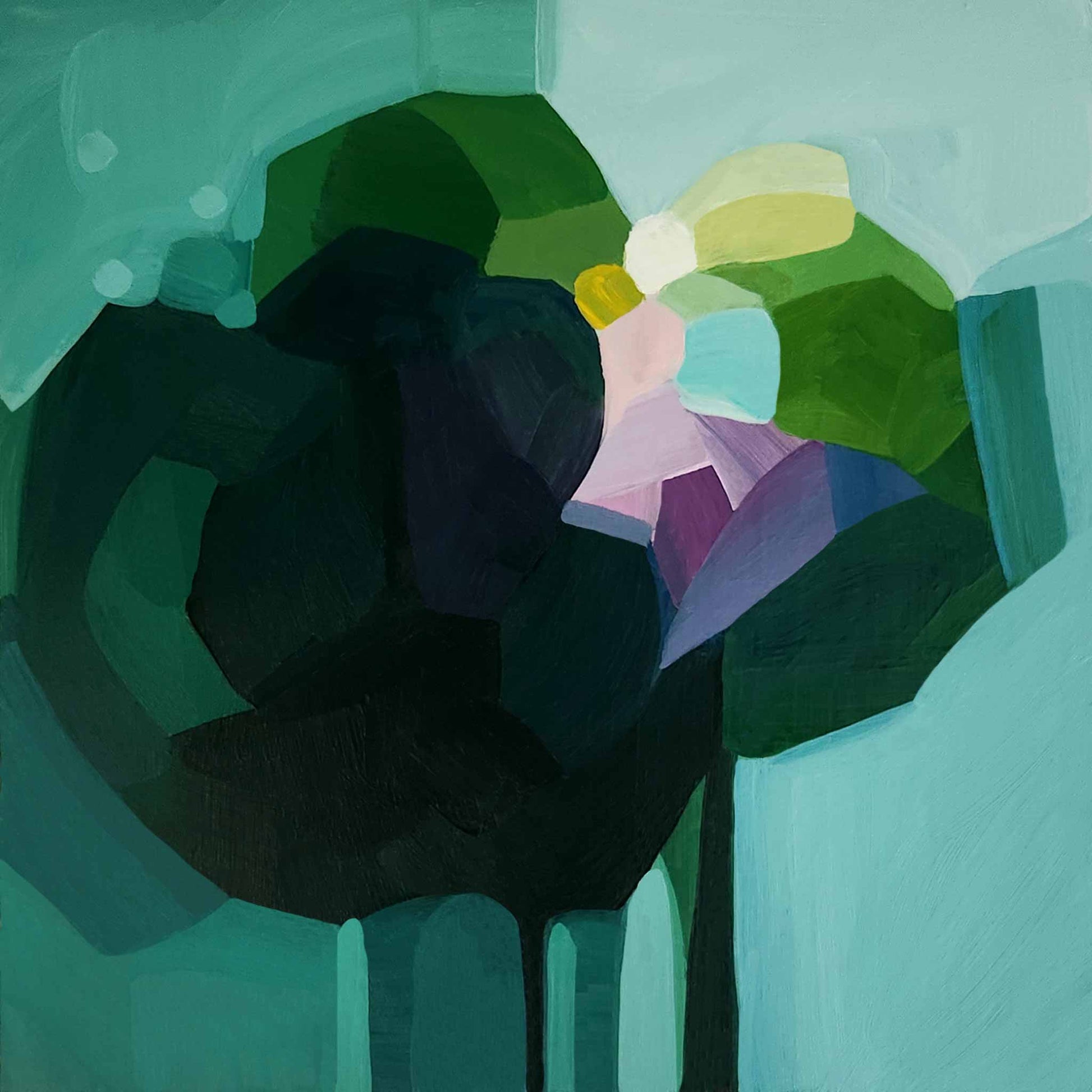 green and teal flower-themed abstract painting