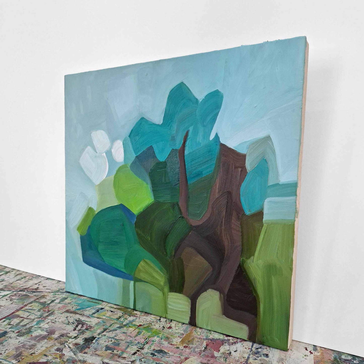 blue green and teal abstract oil painting inspired by woodland and garden landscapes