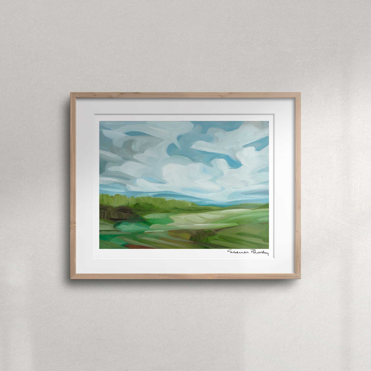 Green fields and blue sky fine art print featuring vibrant spring countryside and soft white clouds