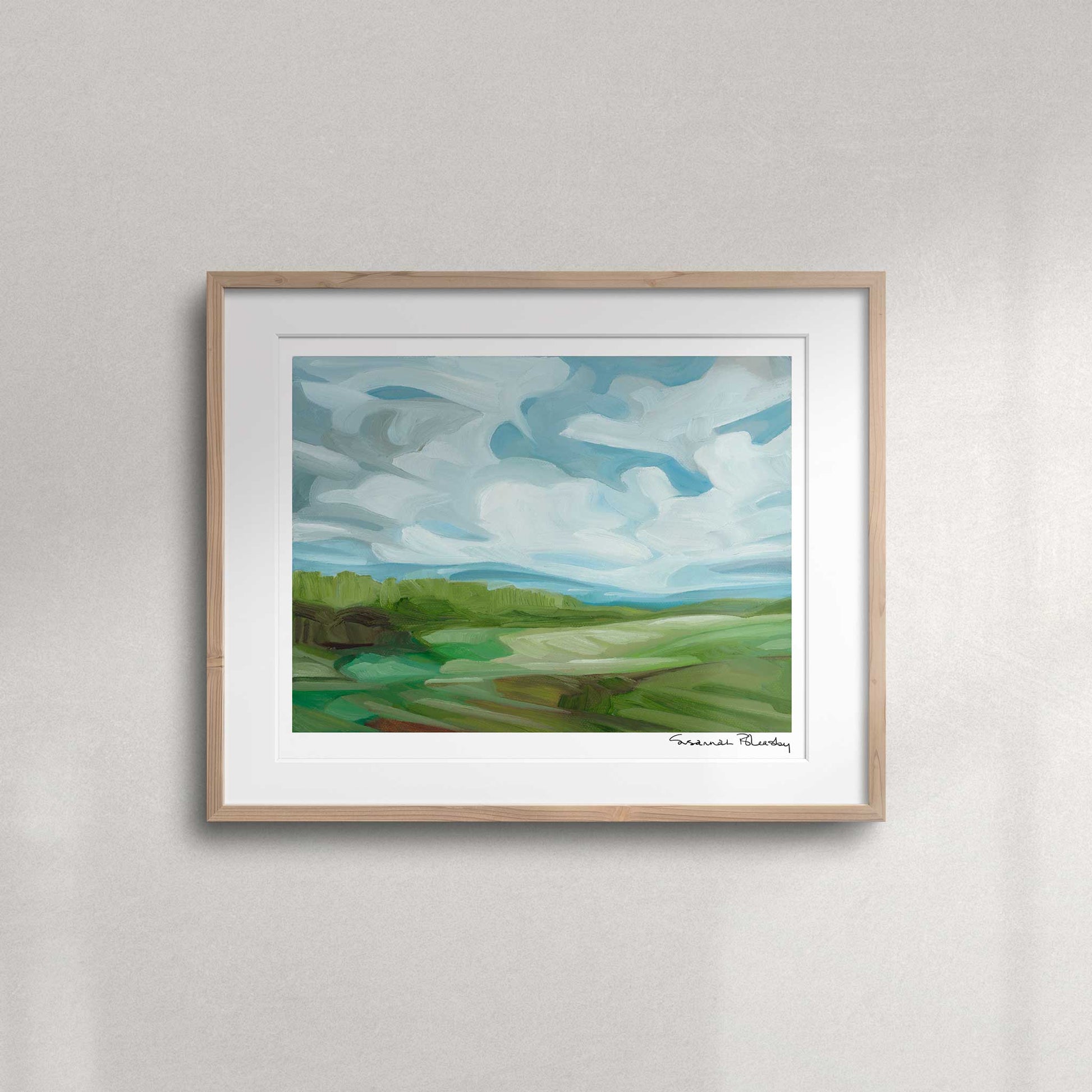 Green fields and blue sky fine art print featuring vibrant spring countryside and soft white clouds
